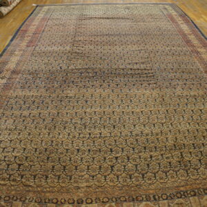 Extended tan and navy patterned rug with detailed borders lies on light wooden flooring.