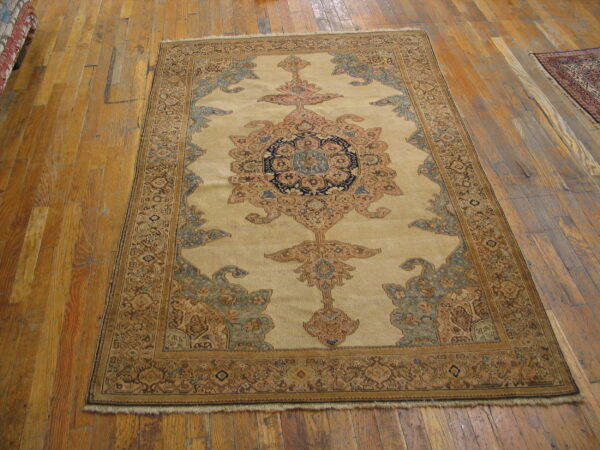 Traditional beige rug with blue and rust medallion sits on distressed wood flooring.