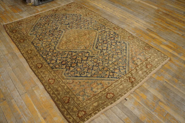 Detailed blue and tan medallion rug with floral patterns lying on heavily distressed light wood floors.