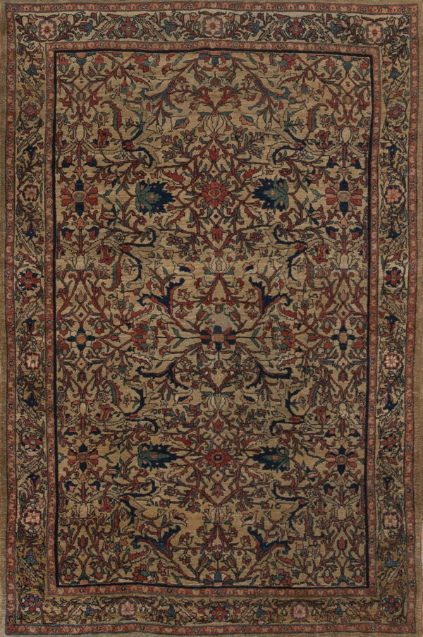 Low-pile rug with a dense traditional floral pattern in deep red and navy blue on a muted beige field.