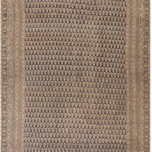 A rectangular rug displaying repeating tan floral patterns on a dark blue ground surrounded by complex tan borders.