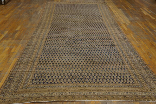 Long blue and tan patterned rug with ornate borders lies on weathered wood plank flooring.