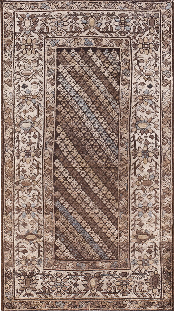 Brown, beige, and muted blue traditional rug with a diagonal striped center and a wide floral border.