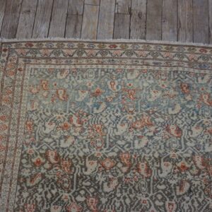 Muted blue and rust traditional rug pattern with a detailed border on distressed gray wooden floor.
