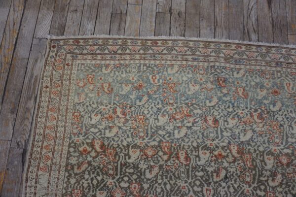 Muted blue and rust traditional rug pattern with a detailed border on distressed gray wooden floor.