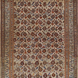 Rectangular rug with a cream field and dense traditional patterns in rust red and navy blue.