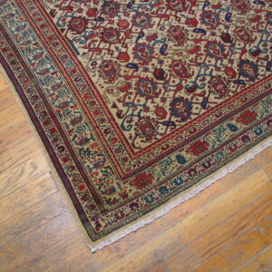 Low-pile rug with red and blue patterns on a beige field, bordered by light wood flooring.