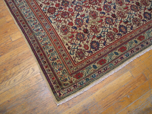 Low-pile rug with red and blue patterns on a beige field, bordered by light wood flooring.