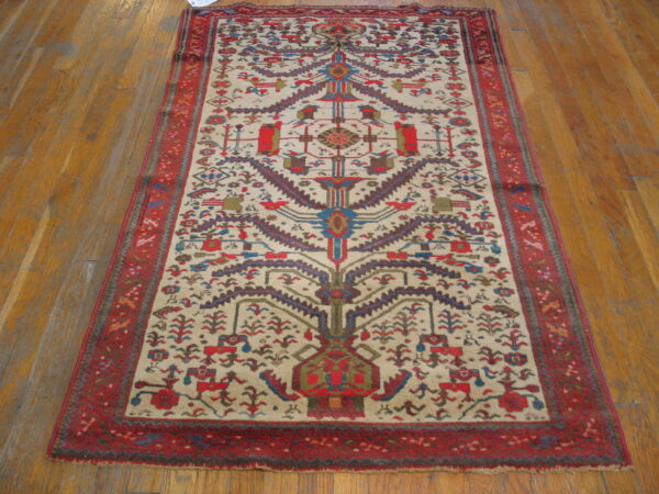 Rectangular rug with a cream field, central multicolor tribal motif, and red borders on wooden floors.