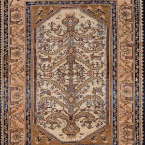 Beige tribal rug with a detailed central medallion and borders featuring brown, peach, and dark blue accents.