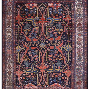Dark navy tribal rug with red and gold stylized figures and a complex multi-layered white floral border.