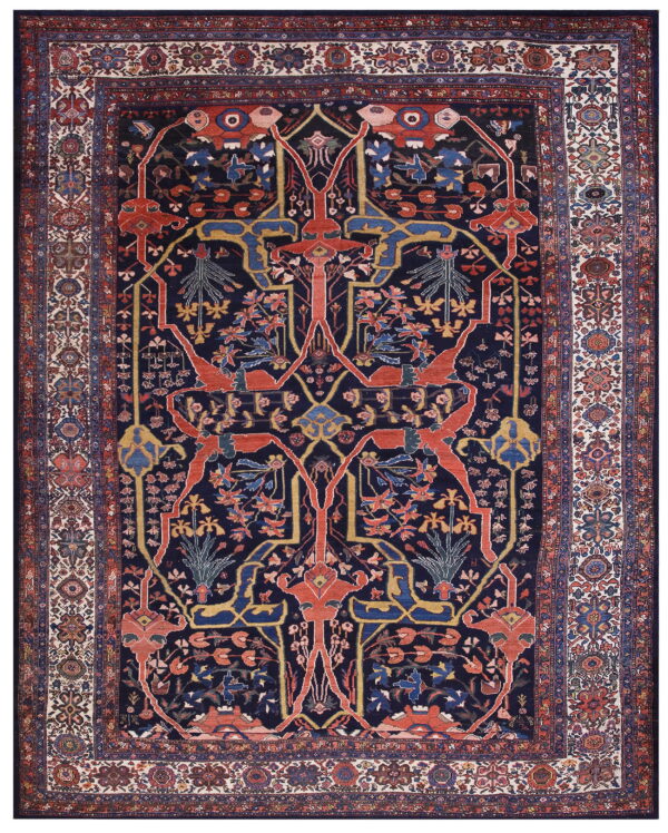 Dark navy tribal rug with red and gold stylized figures and a complex multi-layered white floral border.