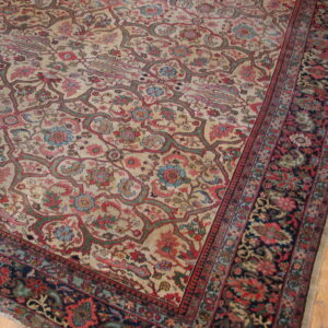 Muted beige rug with complex vine and floral patterns, dark borders, laid upon wooden plank flooring.