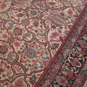 Detailed low-pile rug featuring a cream floral field and a contrasting navy border on wood floor.