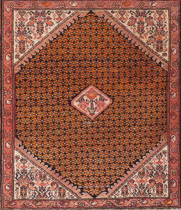 Close-up of a rug with a repeating orange floral pattern inside a dark diamond medallion and coral borders.