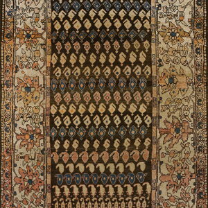 Traditional rug featuring a dark brown field with blue and beige boteh patterns, surrounded by a light floral border.