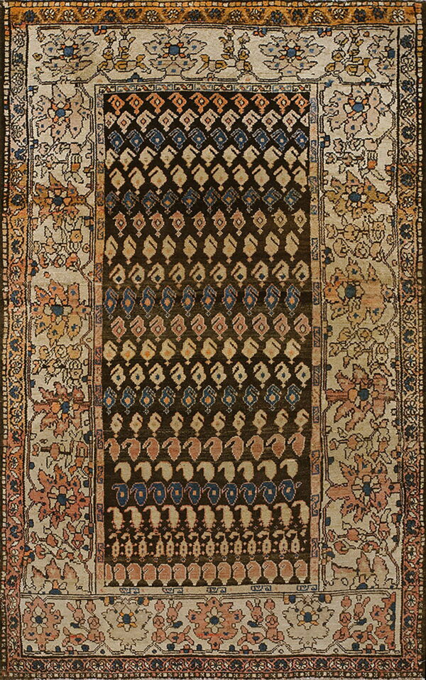 Traditional rug featuring a dark brown field with blue and beige boteh patterns, surrounded by a light floral border.