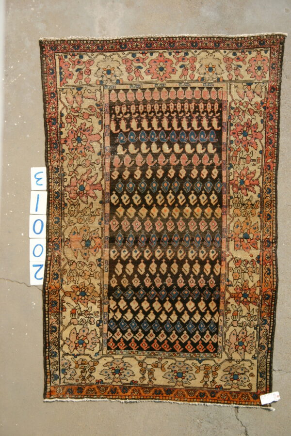 Low-pile rug with a dark geometric center framed by a wide beige border featuring pink and blue florals.