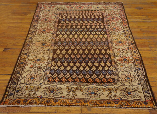 Dark brown and beige patterned rug with colorful geometric and floral designs lying on a wood floor.