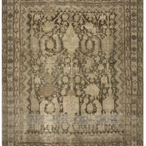 Monochromatic tan rug with dark brown distressed patterns, multiple borders, and light blue fading near the bottom.