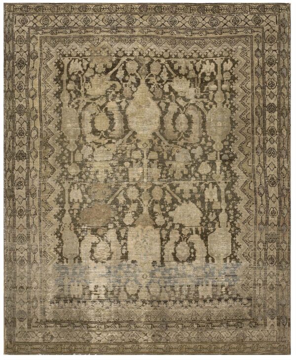 Monochromatic tan rug with dark brown distressed patterns, multiple borders, and light blue fading near the bottom.