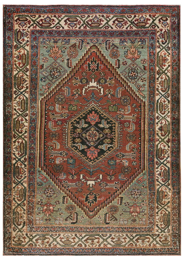 Stepped central medallion rug in deep rust, teal, cream, and black with dense geometric patterning.
