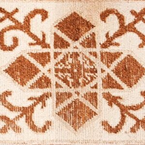 Detailed rug border showing repeating squares with rust geometric and blue floral designs on a cream ground.
