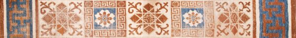 Detailed rug border showing repeating squares with rust geometric and blue floral designs on a cream ground.