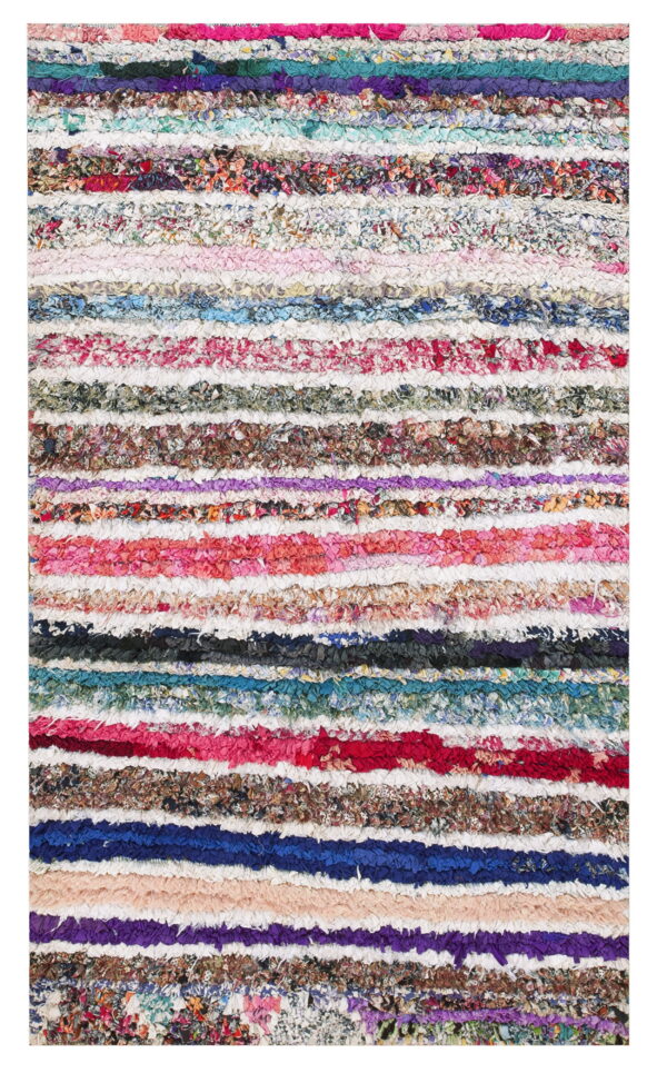 High-texture multicolored rag rug featuring thick, shaggy horizontal stripes in bright and patterned colors.