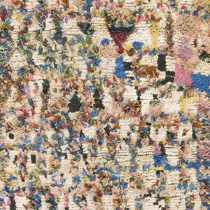 Highly textured shag rug in cream with multicolor fabric strips creating an abstract grid pattern.