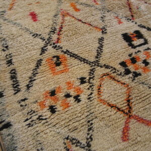 Shaggy cream rug featuring abstract motifs in black, bright orange, and red over wood flooring.