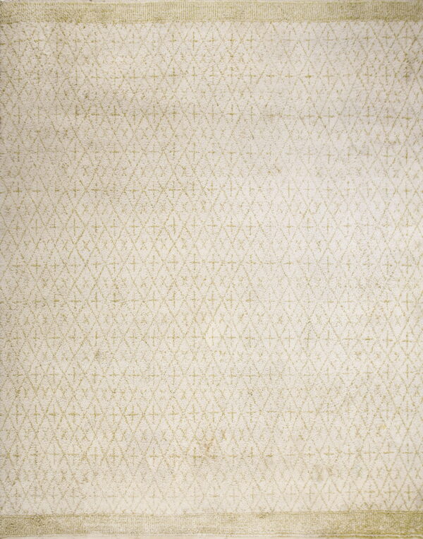 Off-white high-pile rug with repeating green diamond and cross geometric motifs.