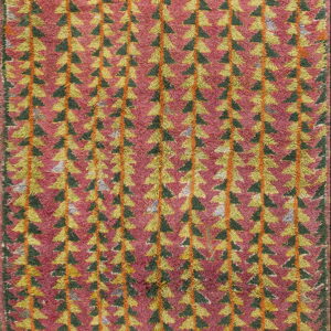 Shaggy high-pile rug with vertical rows of green and yellow triangles on a magenta and orange field.