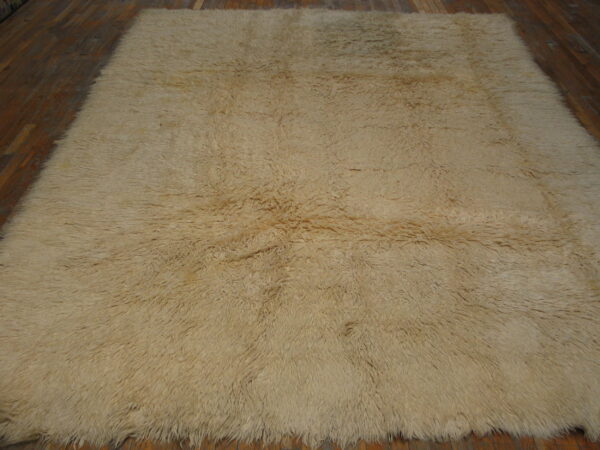 A textured, light tan high-pile rug is displayed on dark reddish-brown wooden plank flooring.