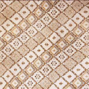 Textured rug displaying a repeating diamond pattern in cream, brown, and gold colors.