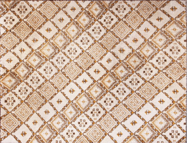 Textured rug displaying a repeating diamond pattern in cream, brown, and gold colors.