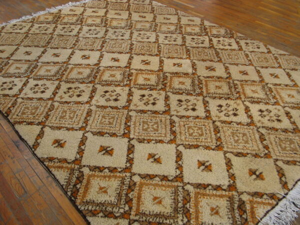 Shaggy rug with beige and brown geometric squares bordered by rust sits on a polished wood floor.