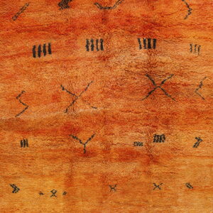 A high-pile rug in vibrant orange features sparse black geometric symbols and lines.