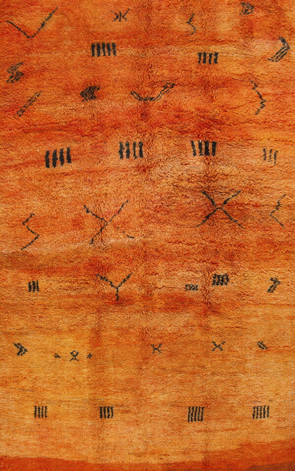 A high-pile rug in vibrant orange features sparse black geometric symbols and lines.