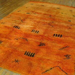 A vibrant orange shag rug with black abstract symbols rests on wide wooden floor planks.