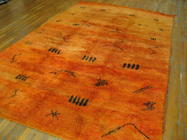 A vibrant orange shag rug with black abstract symbols rests on wide wooden floor planks.