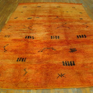 High-pile orange shag rug featuring sparse black geometric symbols rests on light wood plank flooring.