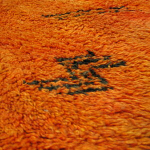 Close-up of a shaggy orange rug with dark, irregular geometric pattern details resting near wood flooring.