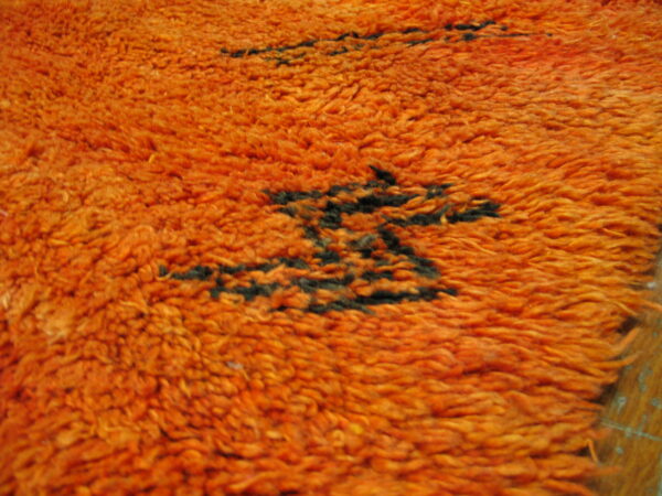 Close-up of a shaggy orange rug with dark, irregular geometric pattern details resting near wood flooring.