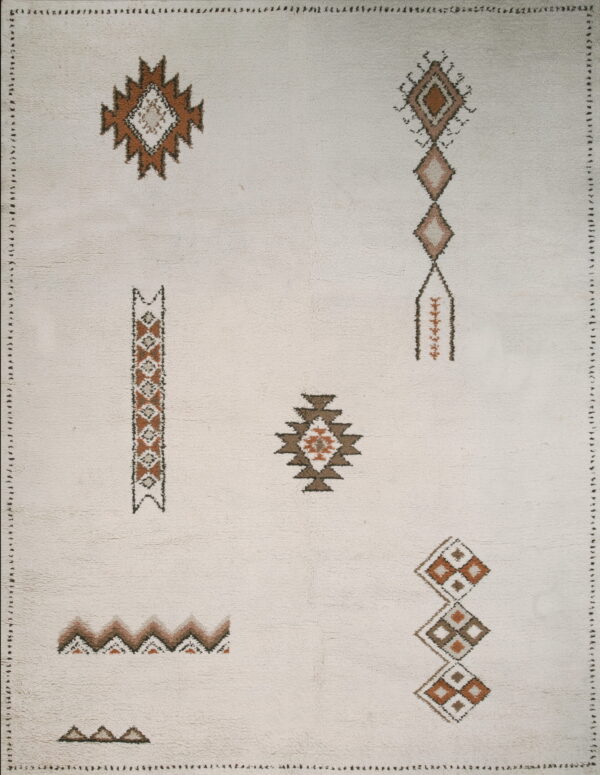 Vintage room size rabat tribal moroccan berber ivory wool color rug 1 High-pile cream rug featuring scattered geometric patterns in brown, rust, and gray accents.