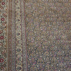 The rug displays a faded mustard and dark gray geometric field beside a detailed cream and red striped border.