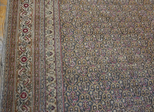 The rug displays a faded mustard and dark gray geometric field beside a detailed cream and red striped border.