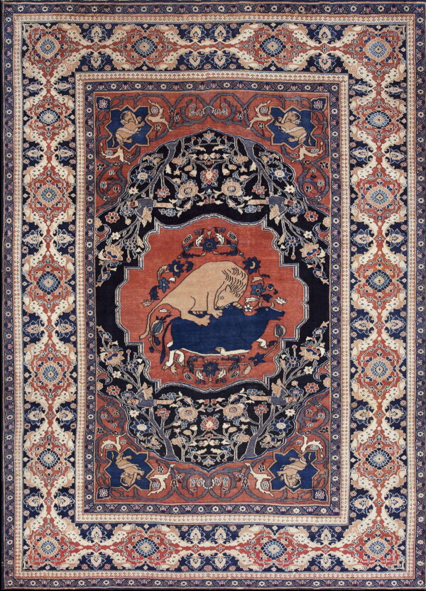 A detailed traditional rug features a central medallion with a lion fighting a bull, surrounded by navy and terracotta borders.