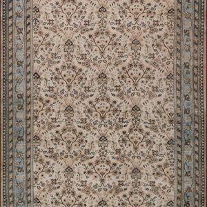 Beige traditional rug with a repeating muted floral vine pattern and a wide dusty blue border design.