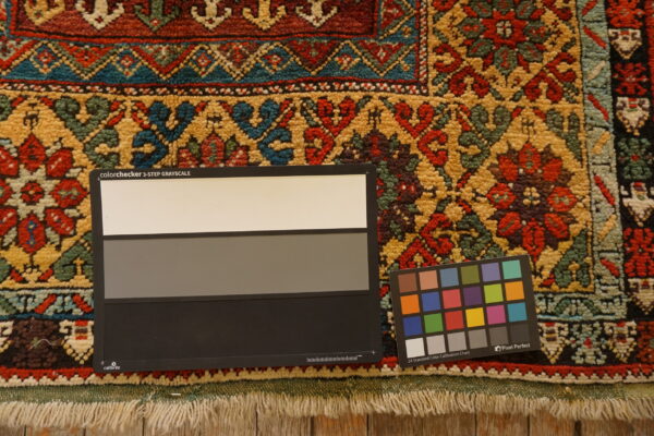 High-pile rug texture with complex red, gold, teal, and dark green patterns; visible fringe and wood floor.